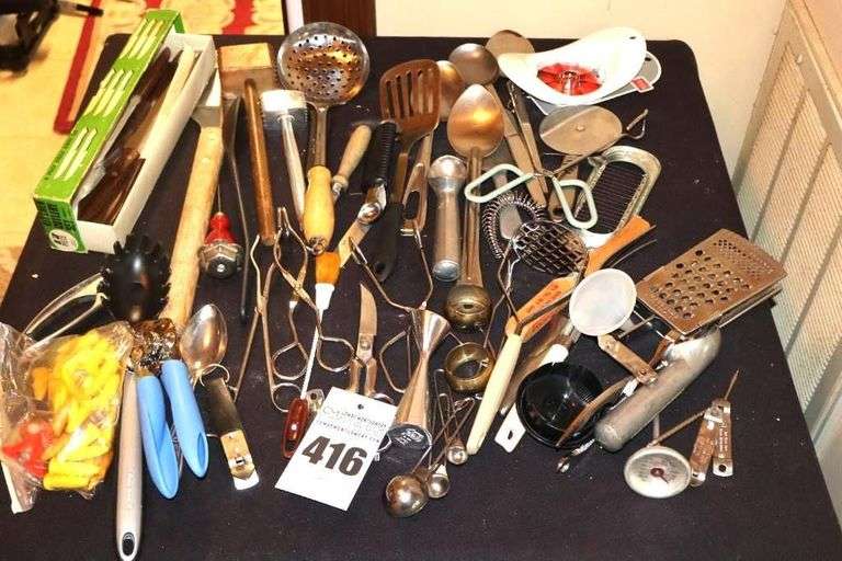 Variety of Kitchen Utensils: Grater, Can Opener, Knife Set, Corn Holder, Spoons, Spatula, Measuring Spoons, Ice Cream Scoop, Apple Cutter tongs, etc. image