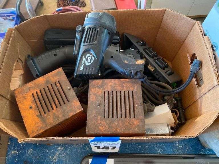Box Lot with Waypoint Spotlight, Exide Battery Charger, and Vehicle Window Switch image