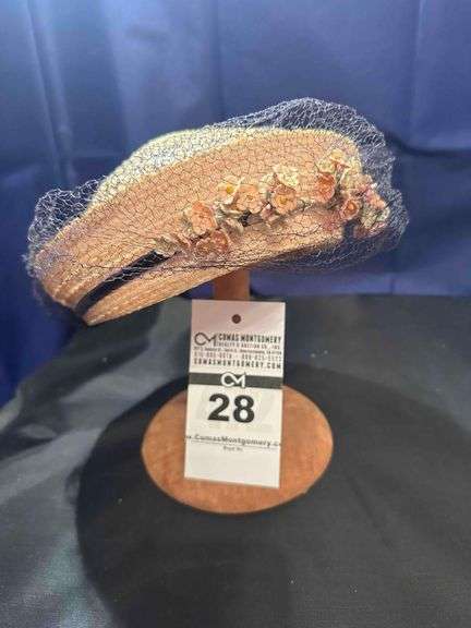 Hat - Antique Straw Bonnet with a Veil & Black Ribbon with Velvet Flowers image