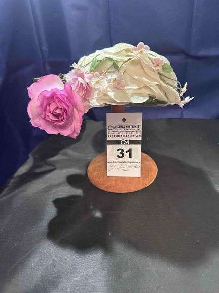 Hat - Antique Pillbox Hat with Pink Rose & other smaller flowers image