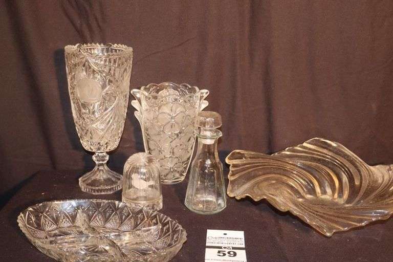 Variety of Glass/Crystal serving Items: Large Wavy Dish, Divided Tray, Pedestal Crystal Vase, Flower Vas,e Bird Display inside Glass and oil Jar image