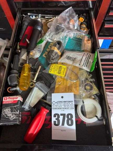 Assorted Auto Parts Drawer - Fuel Injectors, Mopar Parts, Hardware image
