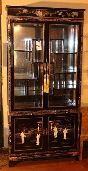 Vintage Lighted Chinese Lacquered Curio/Display Cabinet - Mother of Pearl design with hand painted details - Inside glass shelves and Mirrored Back 82.5"x38.5"x13" image