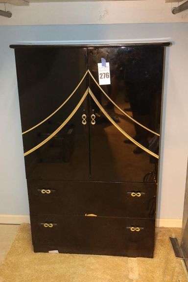 Tall Lacquered Cabinet with front open doors and inside storage & 2 drawers (some damage on one drawer)  (56"x36"x16") image