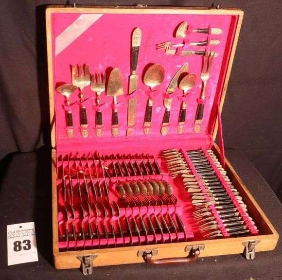 Vintage Bangkok Thailand Samara Johny's Gem Flat wear Set: Bronze or Brass With Rose Wood or Teak Handles in Large Wood Case - 68 Pieces image