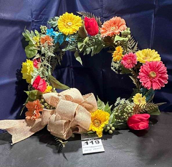 Summer Wreath with Cream Bow & Bright Flowers image