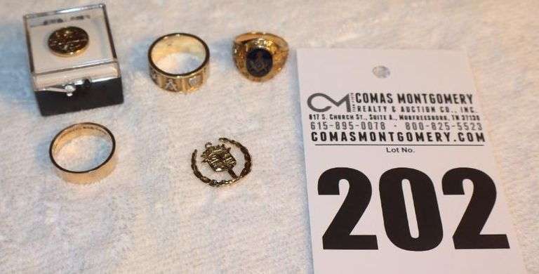 Variety of Masonic items: 2 Rings (sizes 8 & 9) Pin, Gold Ring, Charm image
