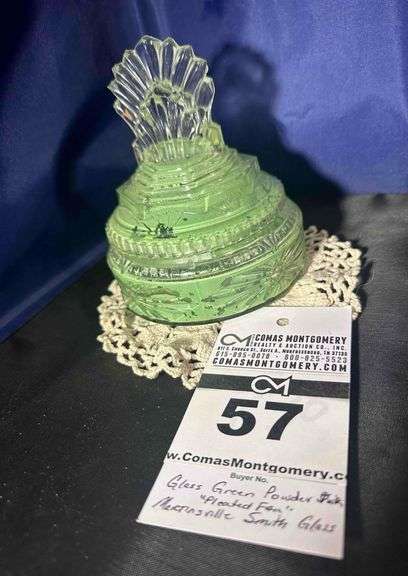 Antique Vaseline Glass Powder Puff, Ornate Clear & Green Glass image