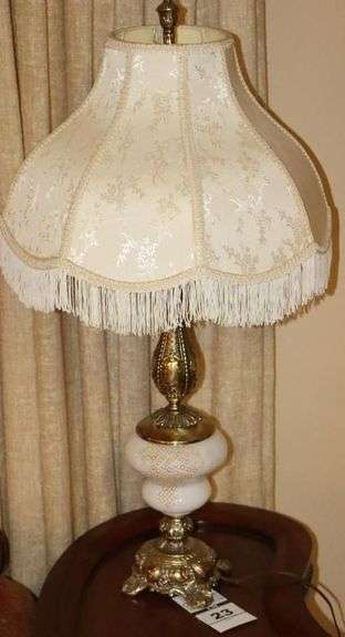 Vintage Table Lamp with Gold Tone and White Milk Glass Style - Hand Dot Design with Fringe Brocade Lampshade with Scalloped Edges  33"x17"                                     Matching Lot #24 image