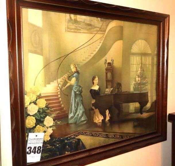 Framed Wall Art of "Morning Melody" by R Brownell McGraw -of Ladies playing instruments by winding staircase 22"x34" image