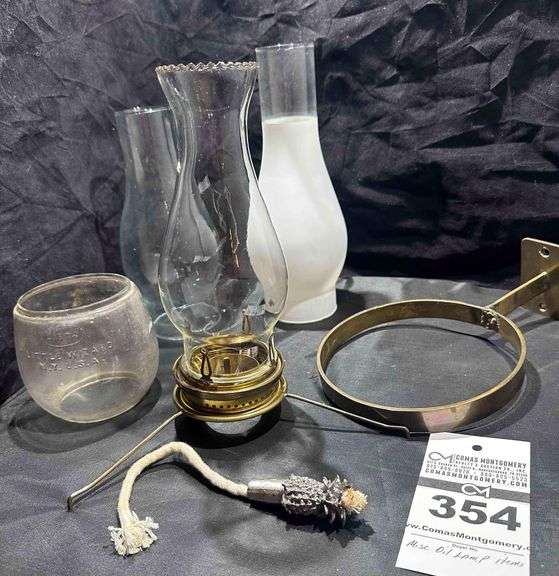 Misc Oil Lamp Items,  3 chimneies, 1 Wall Holder, Burner, Wick, Clear Dietza Glass image