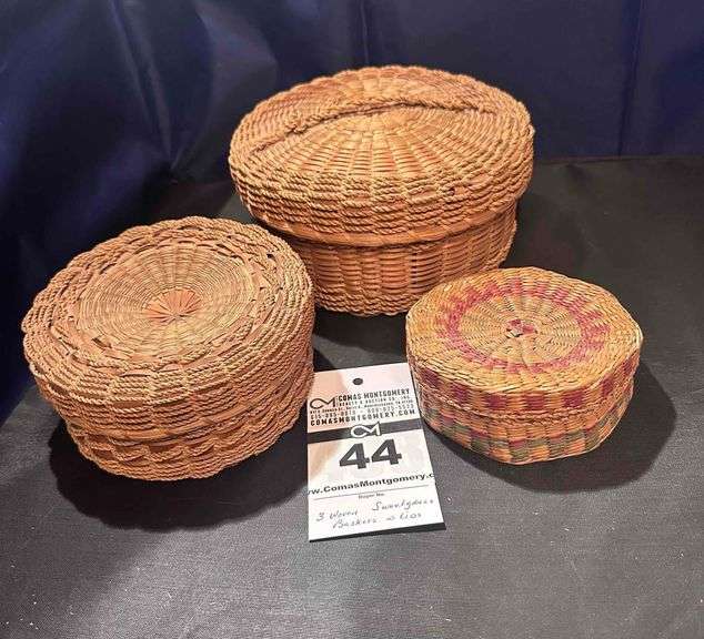 3 - Antique Woven "Sweet Grass Baskets with Lids"  Nesting image