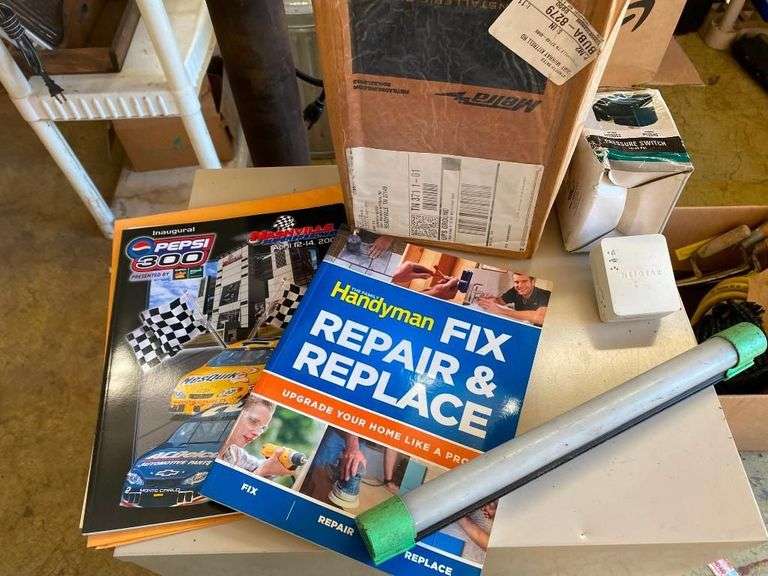 Mixed Lot: 1968 Camaro Wiring Diagram, Handyman Repair Book, Pepsi 300 Program, Pressure Switch, Netgear, and More image