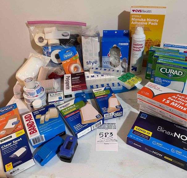 Covid Tests, Bandages, Weekly Pill Dividers, Adhestive Pads, Tape, Antibiotic Cream, Pill Cutter, Oximeter, image