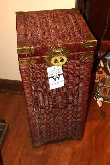 Vintage Wicker & Rattan Storage Chest/Trunk with Gold Tone Clasp and Corner Reinforcement 28"x12'x12" image