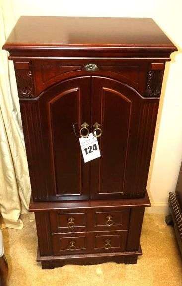 Dark Cherry Wood Bombay Styled Jewelry Cabinet with lift top, door on Front with 4 inside Drawers, 2 side doors & 2 Bottom Drawers 41.5"x19.5"x13" image