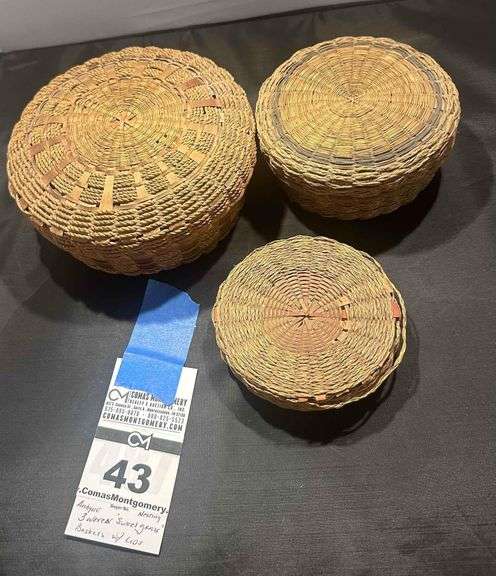 3 - Antique Woven "Sweet Grass Baskets with Lids"  Nesting image