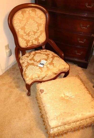 Vintage Carved Arm Chair/Parlor Chair French Empire Style with Upholstery (37.5"x24.5"x20") Ottoman 10"x21"x21" (different print and ottoman has a stain) image