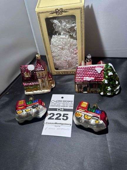 Vintage Christmas Ornaments (4) Trains & Buildings Glass image