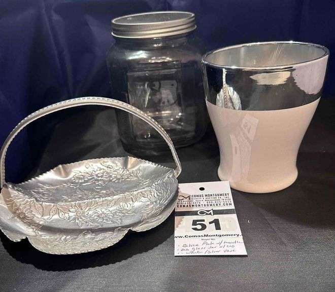 Aluminum Flowered Basket Candy Dish with Handle, Edible Vase, & Vintage Hoosier Glass Jar image
