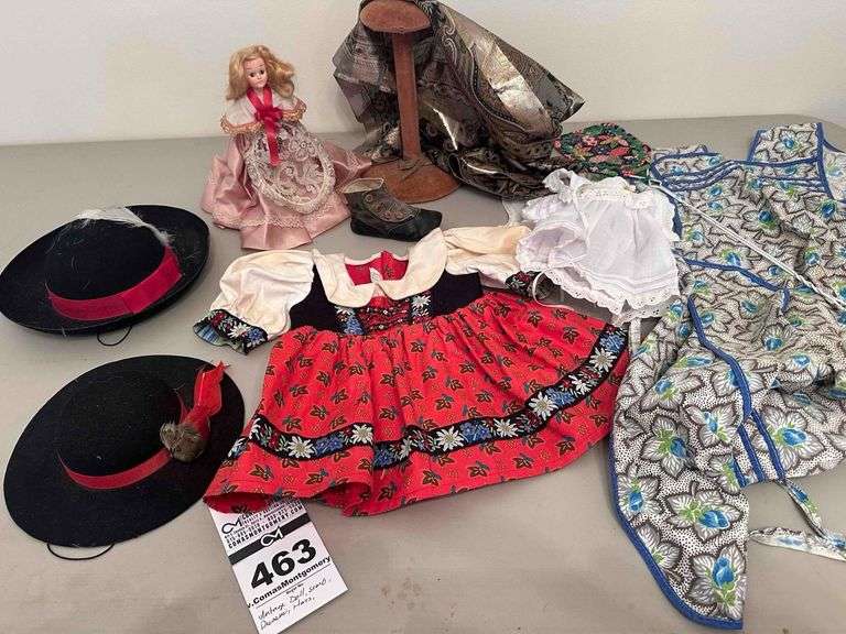 2 Kids Black Felt Hats, Vintage Doll, Doll German Dress, Antique Apron, Antique Shoe, Hat Display, Scarf image