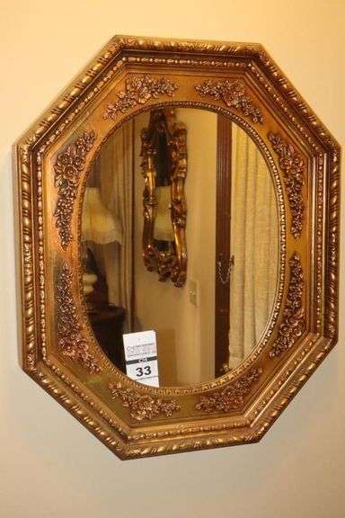 Oval 8 Sided Vintage Floral Ornate Gold Tone Regency Wall Mirror 32"x26" image