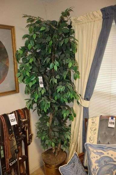 Large Artificial Ficus Tree in Brass Pot 84" image