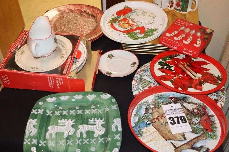 Variety of Christmas/Holiday Items: Plates, Platters, Plate Chargers, Trays, Set of Serving Bowls, Creamer Cups etc. image
