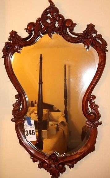 Unique Vintage Ornate Carved Wood Beveled Wall Mirror 41"x25" image