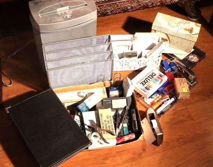 Variety of office items: Note Rack, Paper Shredder, Calculator, Stationary, Pencils, Pens, Pads. Stapler, Tape etc. image