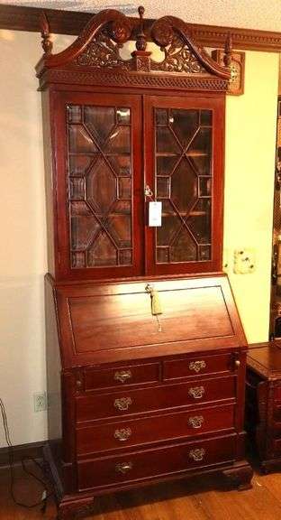 Vintage Mohogany Chippendale Style Secretary Desk with Bookcase/Display with decorative design- 2 Beveled Glass front doors and inside shelves, pull down desk with inside cubbies sections, and 5 drawers  95"x38"21" -open 36"                         **Matches Lot #13 image