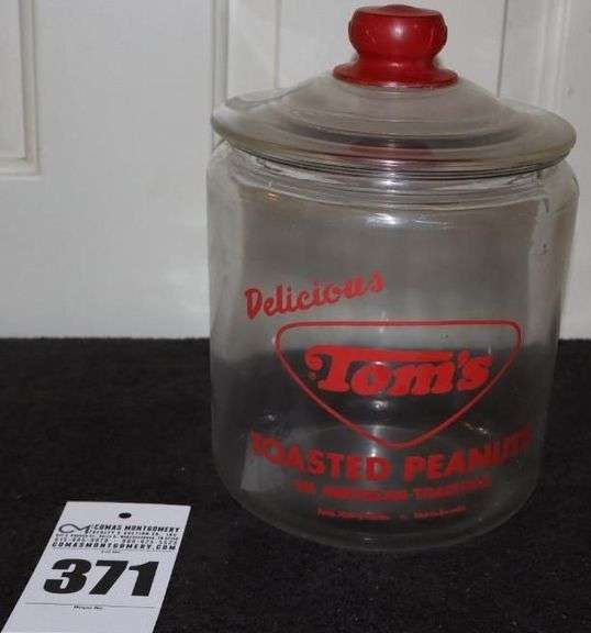 Vintage Tom's Toasted Peanuts Glass Advertising Jar with Red knob lid & Red print 10" image