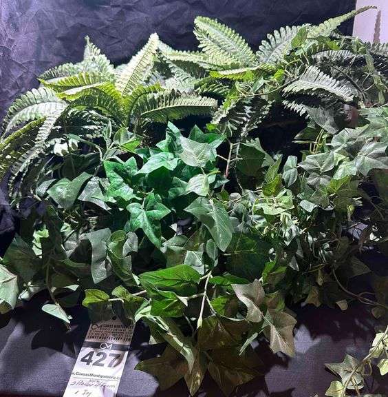 Large Lot of Christmas Garland & 2 Metal Pots with Ferns image