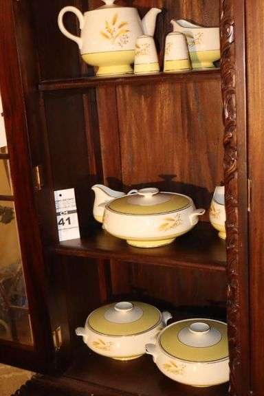 Vintage Semi Vitreous Century Service Set of China "Autumn Gold" Serving Pieces: Tea Pot, 3 Creamers (2 style), 3 Lidded Serving Bowls, Salt & Pepper Set 10 Dinner Plates, 4 Salad Bowls, 15 Dessert Plates, 9 Dessert Bowls, 12 Cups & 14 Saucers image