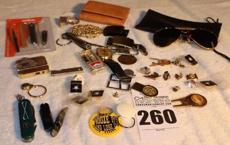 Variety of Men's items: Wallet, Belt Buckles, Money Clip Lighter, Knives, Keychains, Pins,  Sunglasses, Etc. image