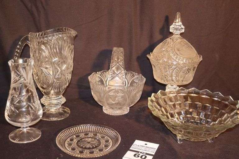 Variety of Glass/Crystal serving Items: Serving Bowl in Fostoria Design, Basket, Pitcher Cut Glass Vase, Lidded Pedestal Bowl, Plate etc. image