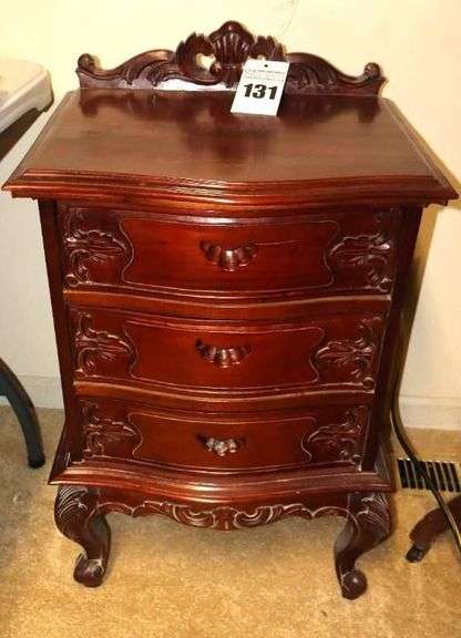 Antique Dark Wood Nightstand with 3 drawers with carved wood and "Cat Legs" 32"x19.5"x15.5" image