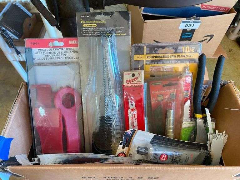 Mixed Box of Saw Blades, Tube Brushes, Removal Tools, Gasket Sealant and Other Tools image
