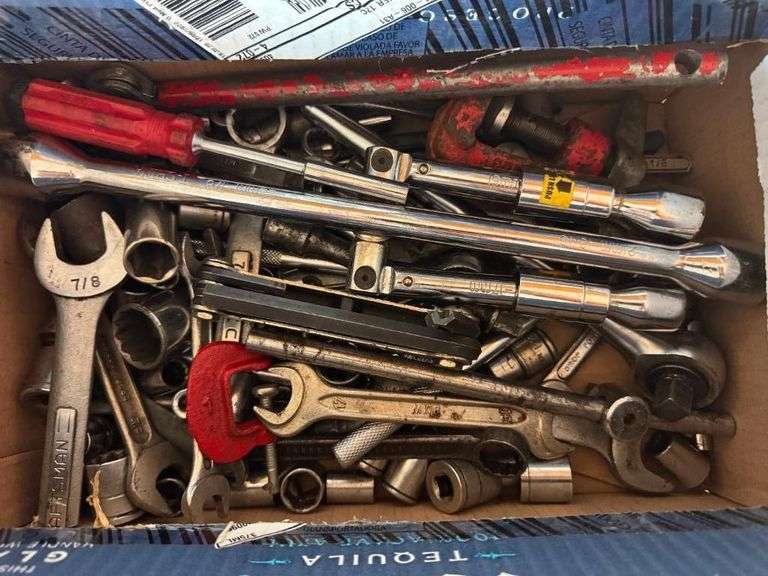 Box of Assorted Hand Tools - Wrenches, Sockets, and More image