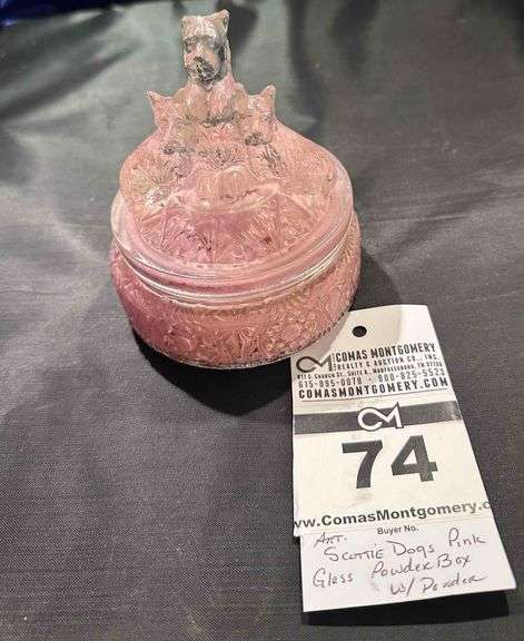 Antique Scottie Dogs Pink Glass Powder Box with Powder image