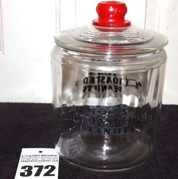 Vintage Tom's Toasted Peanuts Glass Advertising Jar with Red knob lid & Black print (5¢) 10" image