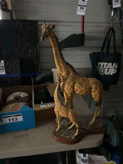 Resin Giraffe and Baby Statue on Wood Base 22 1/2” Tall image