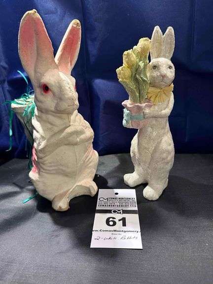 2 - Rabbits: 1 - Glitter Easter Bunny holding basket with yellow flowers.  1- Papier-mache Easter Bunny Container image