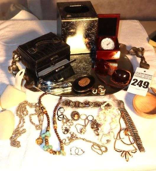 Variety of Ladie's items: Mirrored Tray, Tissue Holder, Rings, Necklaces, Bracelets, Earrings, Pins, Jewelry boxes, Sunglasses etc. image
