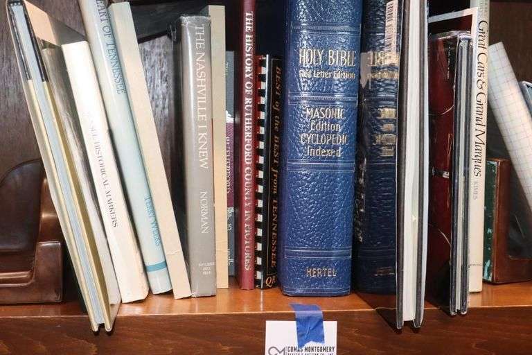 Shelf of Variety of Books: Nashville /Tennessee/Rutherford County, Masonic Bible, Books on Cars, Gone With The Wind Picture Book Etc.                                       **Buyer Bring Boxes to remove from shelves image