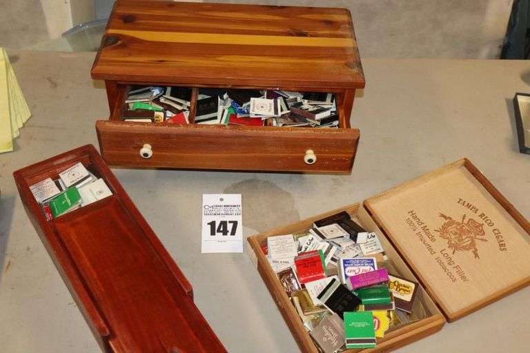 3 Wood Boxes with Variety of Match Boxes & Match Books - Some Collectable image