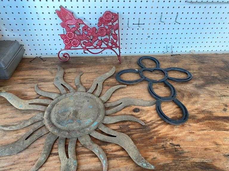 Metal Sun Wall Decor, Horseshoe Cross, and Hummingbird Floral Decor image