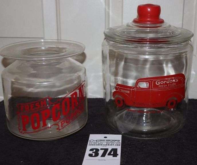Vintage Gordan's Fresh Food Art Deco Glass Cookie Jar  (small chip in rim) & Glass Popcorn Popper Jar (unique rim-no lid) image