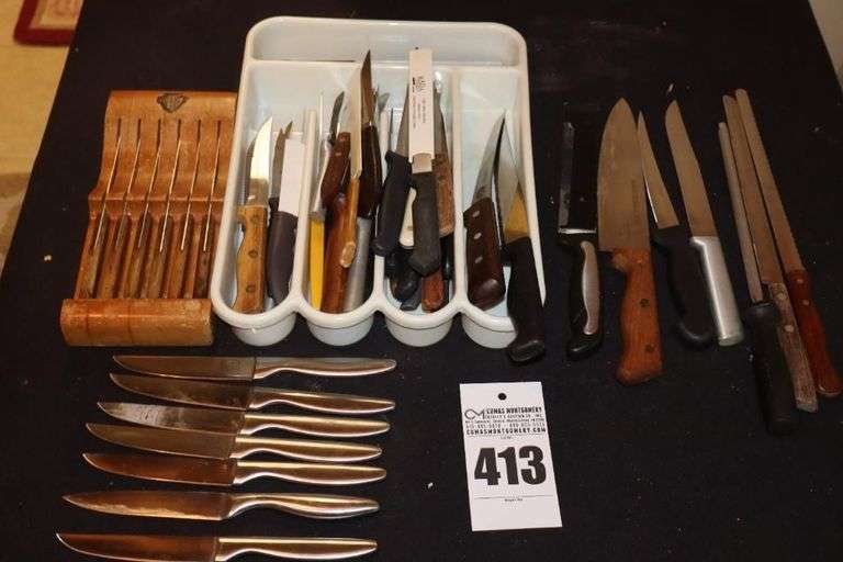 Variety of Different Types of Kitchen Knives including a set of cutlery Steak Knives, Set of Flint Steak Knives etc. image