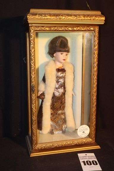 Vintage Camellia Garden Porcelain Doll With Swarovski necklace and earrings in Glass Case 16" image